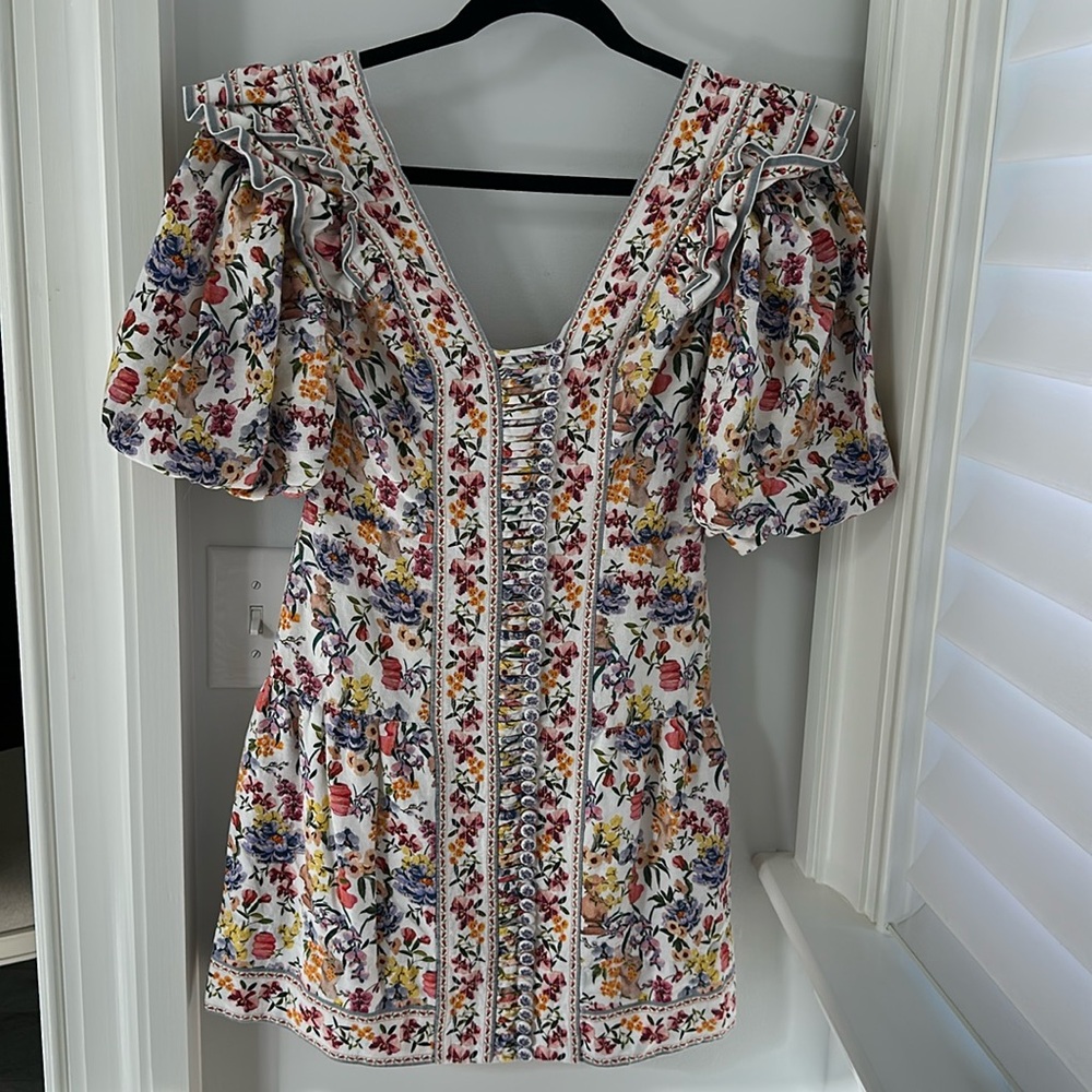 Farm Rio Greek Garden Linen Blend V-Neck Mini Dress.